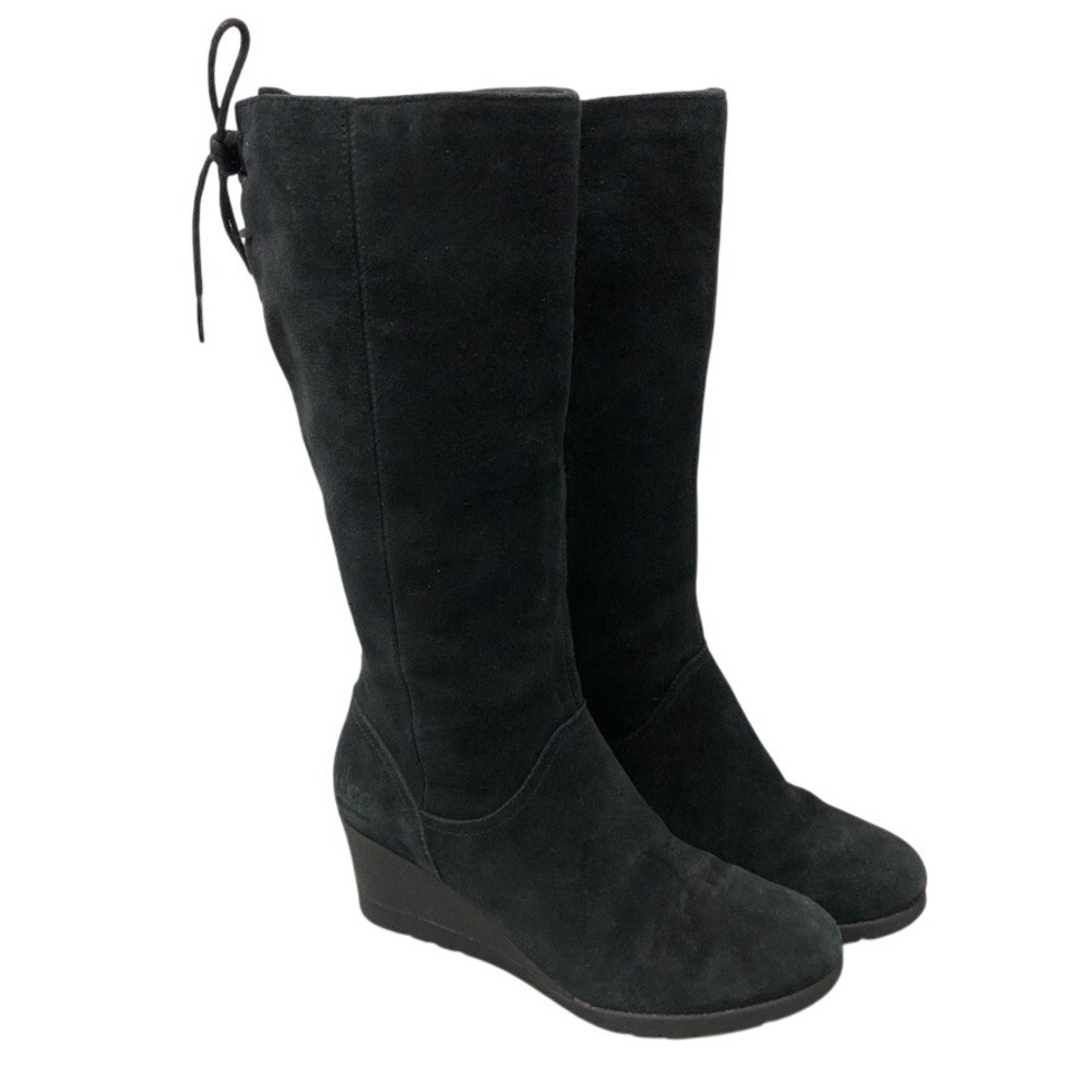 UGG Wedge Boots Womens 8 Black Suede Tall Lace Back Zip Grunge Goth Edgy